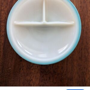 RARE Vintage 1930s FIRE KING Glassware Dish Serving Dish Ivory With Turquoise